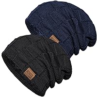 2 Pack Slouchy Beanie Winter Hats for Men and Women, Thick Warm Oversized Knit Cap, A-Black + Grey