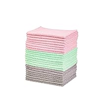 Amazon Basics Microfiber Cleaning Cloths, Non-Abrasive, Reusable and Washable, Pack of 24, Green/Gray/Pink, 16