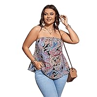 SweatyRocks Women's Plus Size Summer Strapless Tank Top Boho Paisley Print Flare Hem Tube Tops
