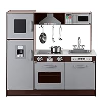 Amazon Basics Kids Upright Wooden Kitchen Toy Playset with Stove, Oven, Sink, Fridge and Accessories, for Toddlers, Preschoolers, Children Age 3+ Years, Espresso/Gray, 39x11.8x39''