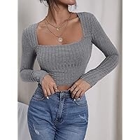 Women's T-Shirt Square Neck Ribbed Knit Crop Tee T-Shirt for Women (Color : Gray, Size : Medium)