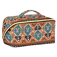 Indian Tribal Aztec Geometric Skulls Makeup Bag Travel Cosmetic Bag Portable Zipper Cosmetic Pouch with Handle and Divider for Women Collage Dorm Business Trip