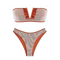 ZAFUL Women V-Wired Ruffle Ribbed Bandeau Bikini, Lace Up Bikinis Strapless Two Pieces Swimsuit