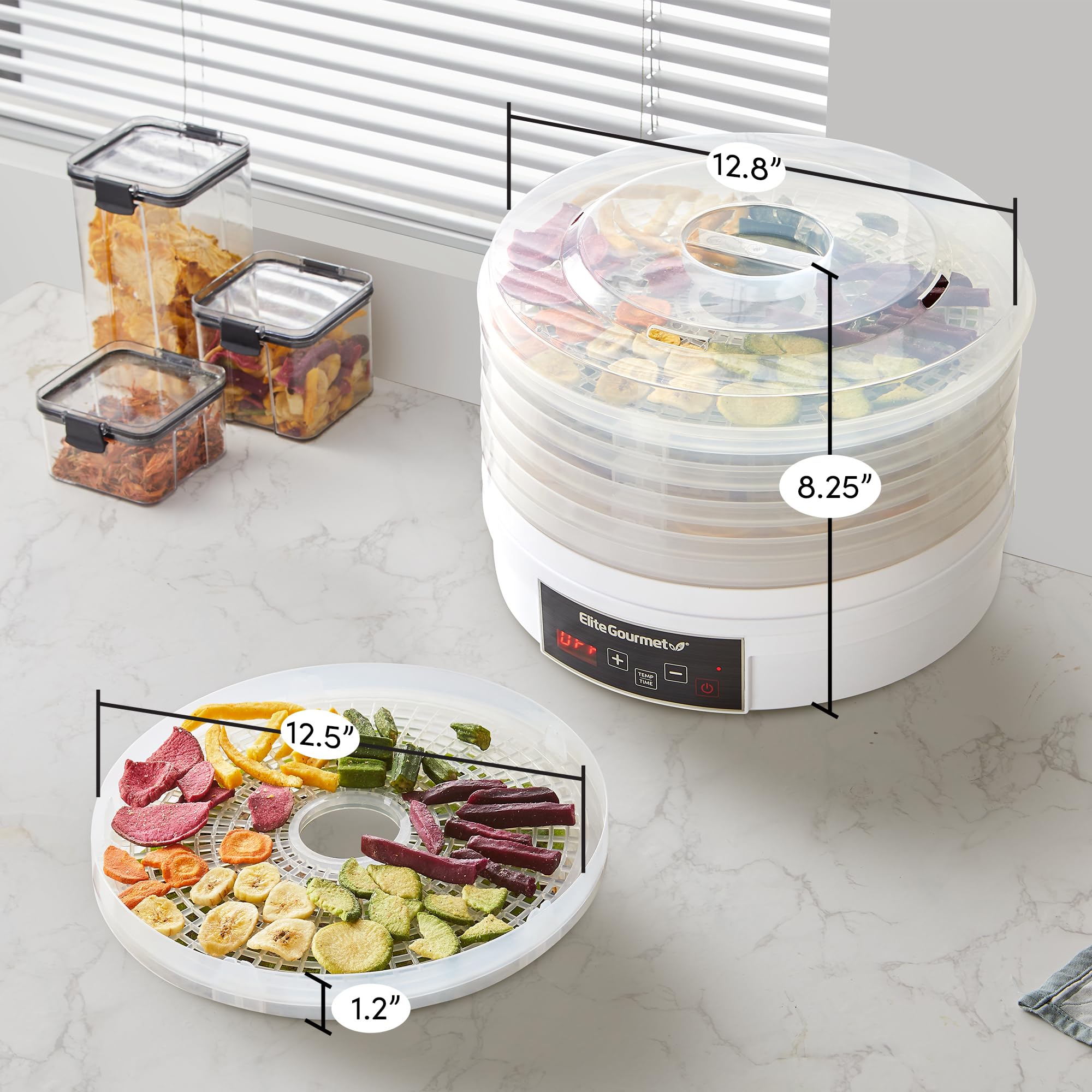 Elite Gourmet EFD770WD Digital Food Dehydrator with 5x12.5” BPA Free Trays, Adjustable Time and Temperature Controls, Jerky, Herbs, Fruit, Veggies, Snacks, White