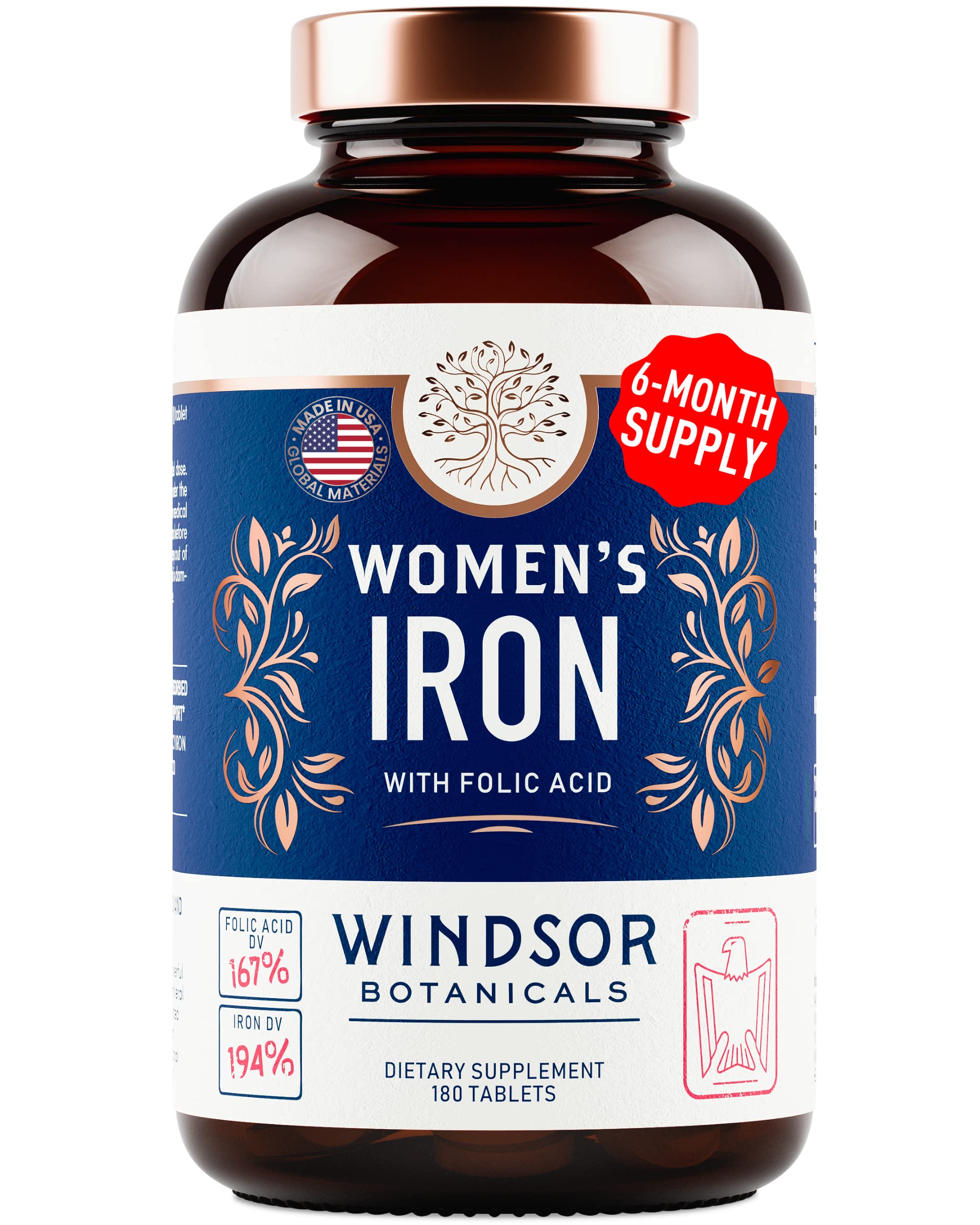 Iron Pills for Women - Iron Supplement for Women with Folic Acid - 6 Month Supply - Anemia, Period, Pregnancy Support Iron Supplements - Ferrous Sulfate, Folate Vitamin B9-180 Vegan Iron Tablets