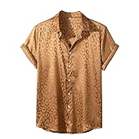 Men's Satin Leopard Print Short Sleeve Button Down Lapel Collar Silk Shirts Top