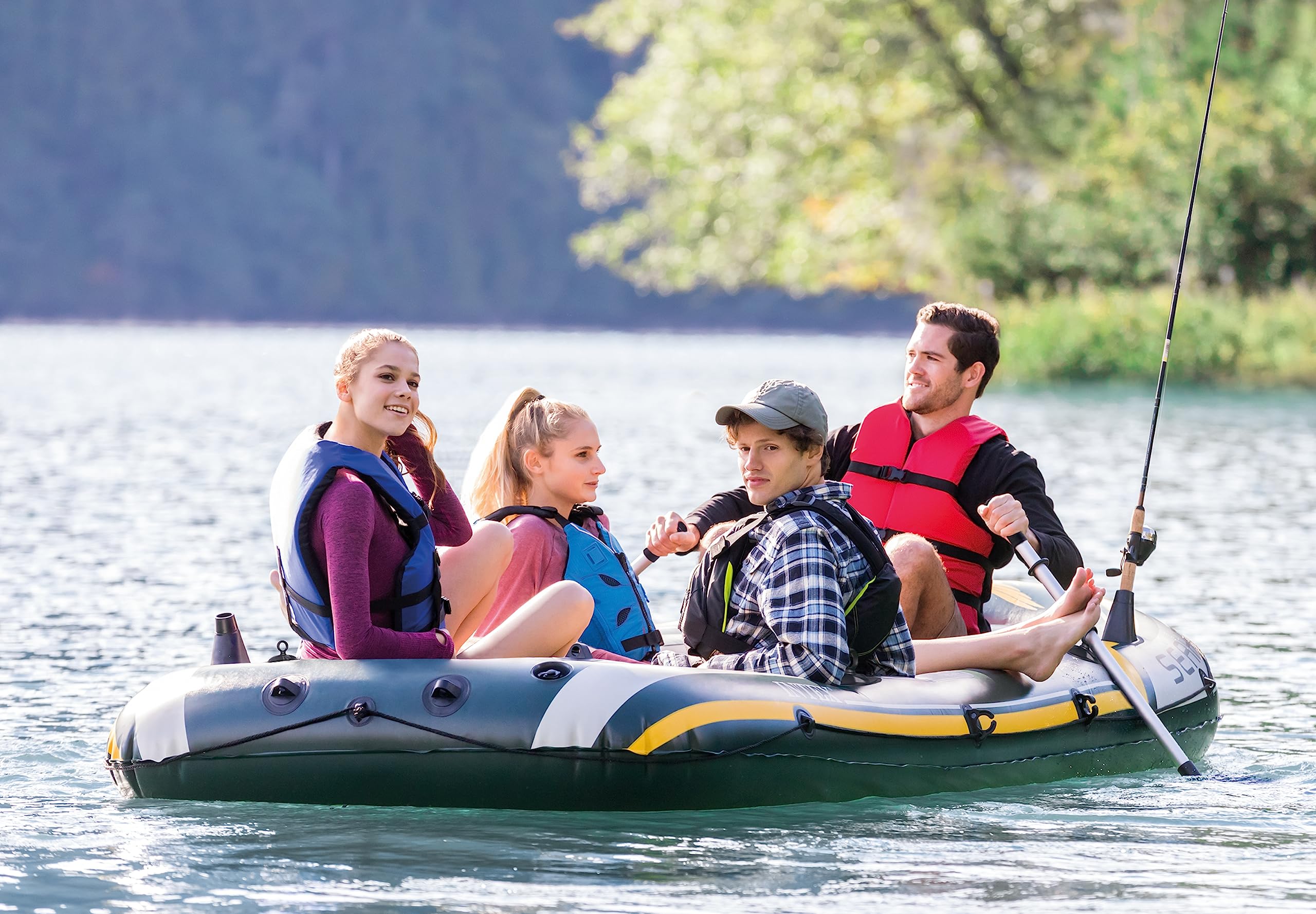 INTEX Seahawk Inflatable Boat Series: Includes Deluxe Aluminum Oars and High-Output Pump – SuperStrong PVC – Fishing Rod Holders – Heavy Duty Grab Handles – Gear Pouch