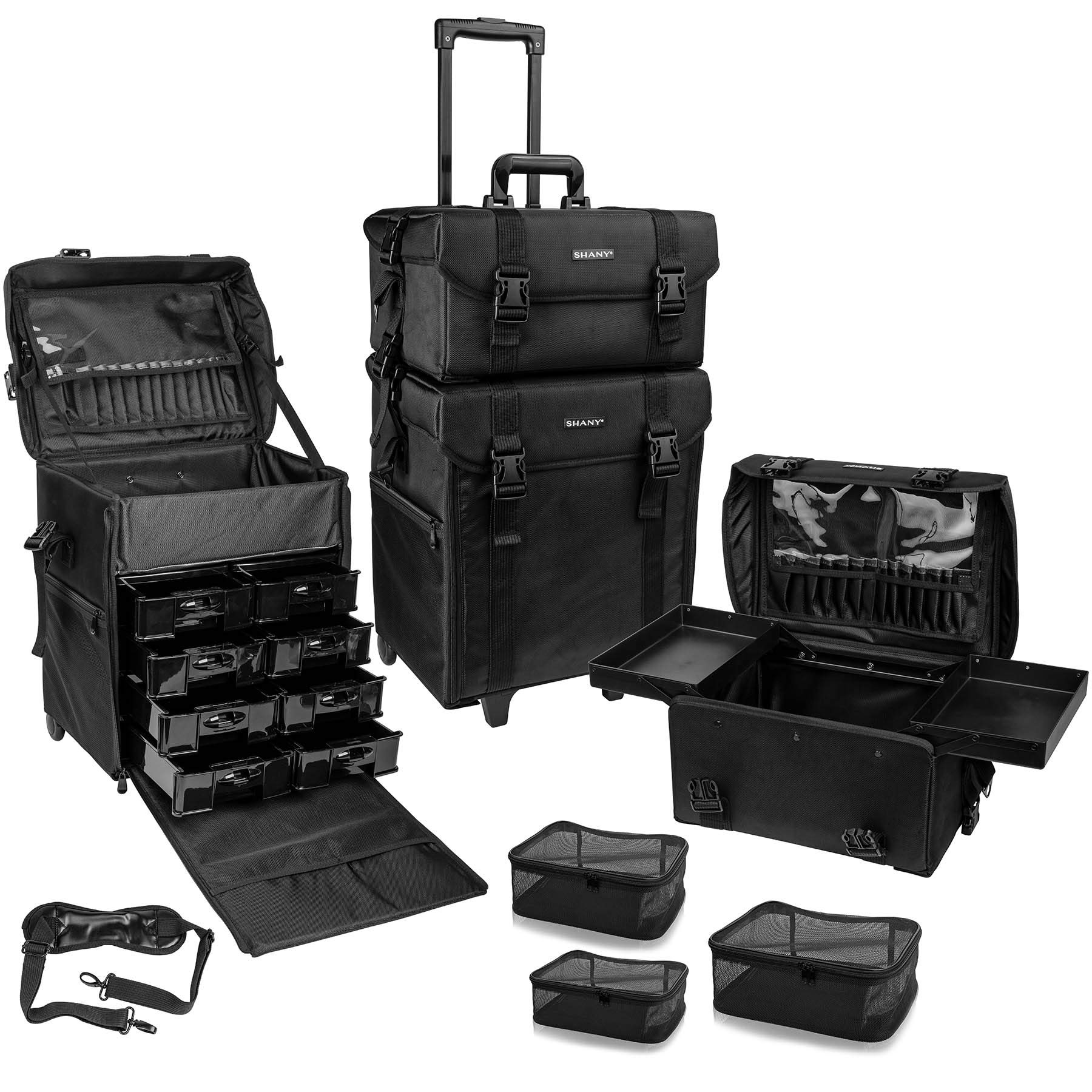 SHANY Soft Makeup Artist Rolling Trolley Cosmetic Case with Free Set of Mesh Bags - Jet Black