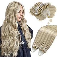 Moresoo Micro Beads Hair Extensions Human Hair Highlight Ash Blonde With Bleach Blonde Microlink Hair Extensions Highlight Blonde Micro Loop Human Hair Extensions 50G/50S 24 Inch