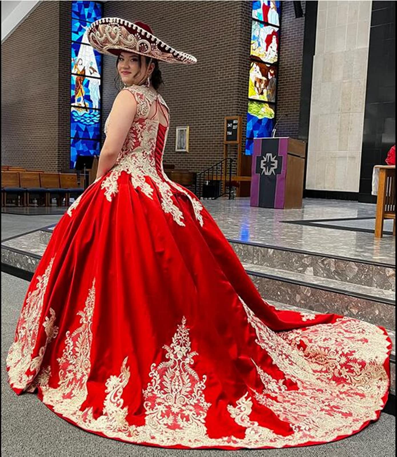Emmani Women's Spaghetti Straps Beaded Embroidery Quinceanera Ball Gown