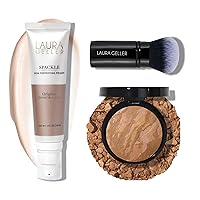 LAURA GELLER NEW YORK Baked Balance-n-Brighten Powder Foundation - Sand + Spackle Super-Size Skin Perfecting Makeup Primer - Ethereal Rose Glow + Retractable Airbrush Kabuki Brush