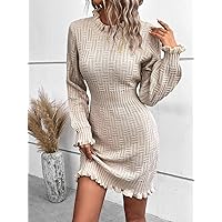 Women's Fashion Dress -Dresses Ruffle Trim Cable Knit Sweater Dress Sweater Dress for Women (Color : Apricot, Size : Small)