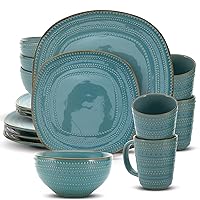 American Atelier 16-Piece Teal Stoneware Dinnerware Set - Includes Dinner Plates, Salad Plates, Bowls, Mugs