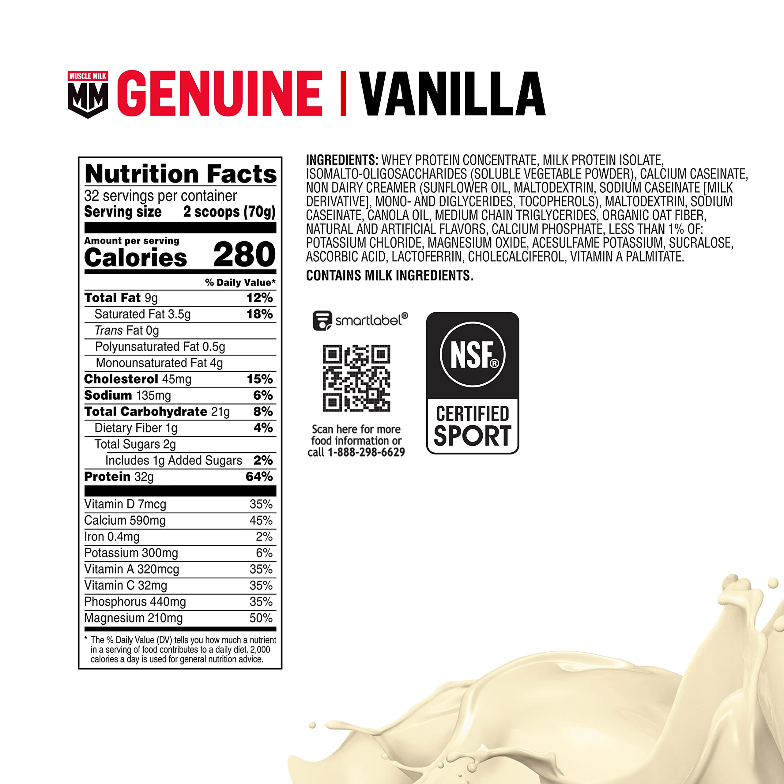 Muscle Milk Genuine Protein Powder, Vanilla Creme, 32g Protein, 5 Pound, 32 Servings