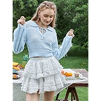 Sweaters for Women Pointelle Knit Knot Front Lantern Sleeve Sweater (Color : Baby Blue, Size : Large)