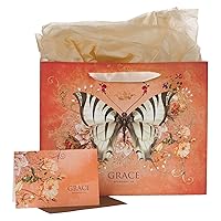 Christian Art Gifts Large Landscape Scripture Gift Bag for Women w/Greeting Card & Tissue Paper Set: Grace - Eph. 2:8 Inspirational Bible Verse, Butterfly Multicolor Floral w/Shiny Gold, Deep Orange
