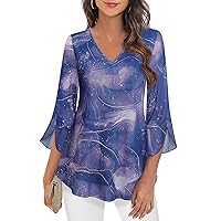 MCKOL Women's Work Tops and Blouses 3/4 Sleeve Double Layers V Neck Dressy Casual Tunic Shirts