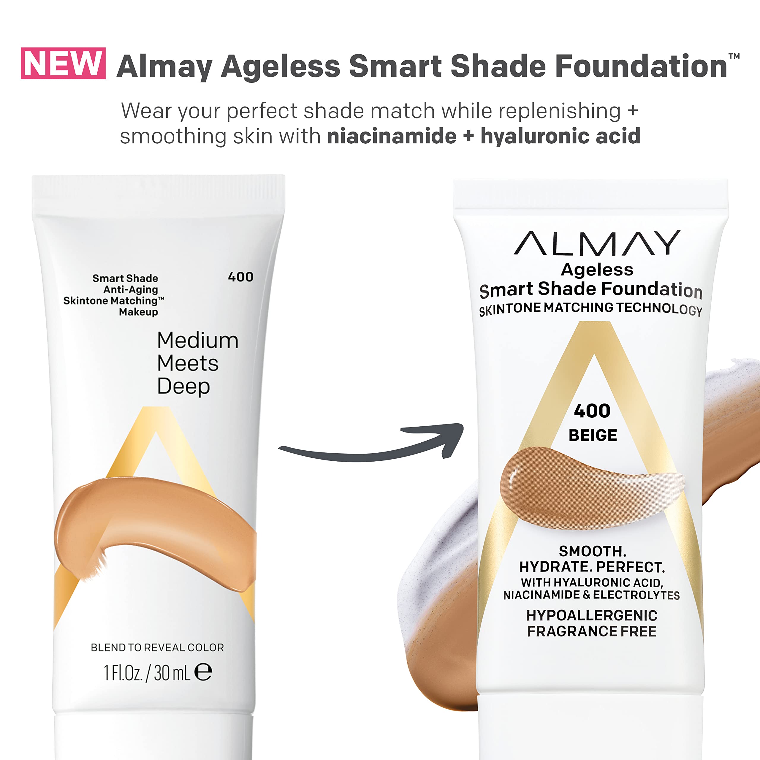Almay Anti-Aging Foundation, Smart Shade Face Makeup with Hyaluronic Acid, Niacinamide, Vitamin C & E, Hypoallergenic-Fragrance Free, 200 Light Medium, 1 Fl Oz (Pack of 1)