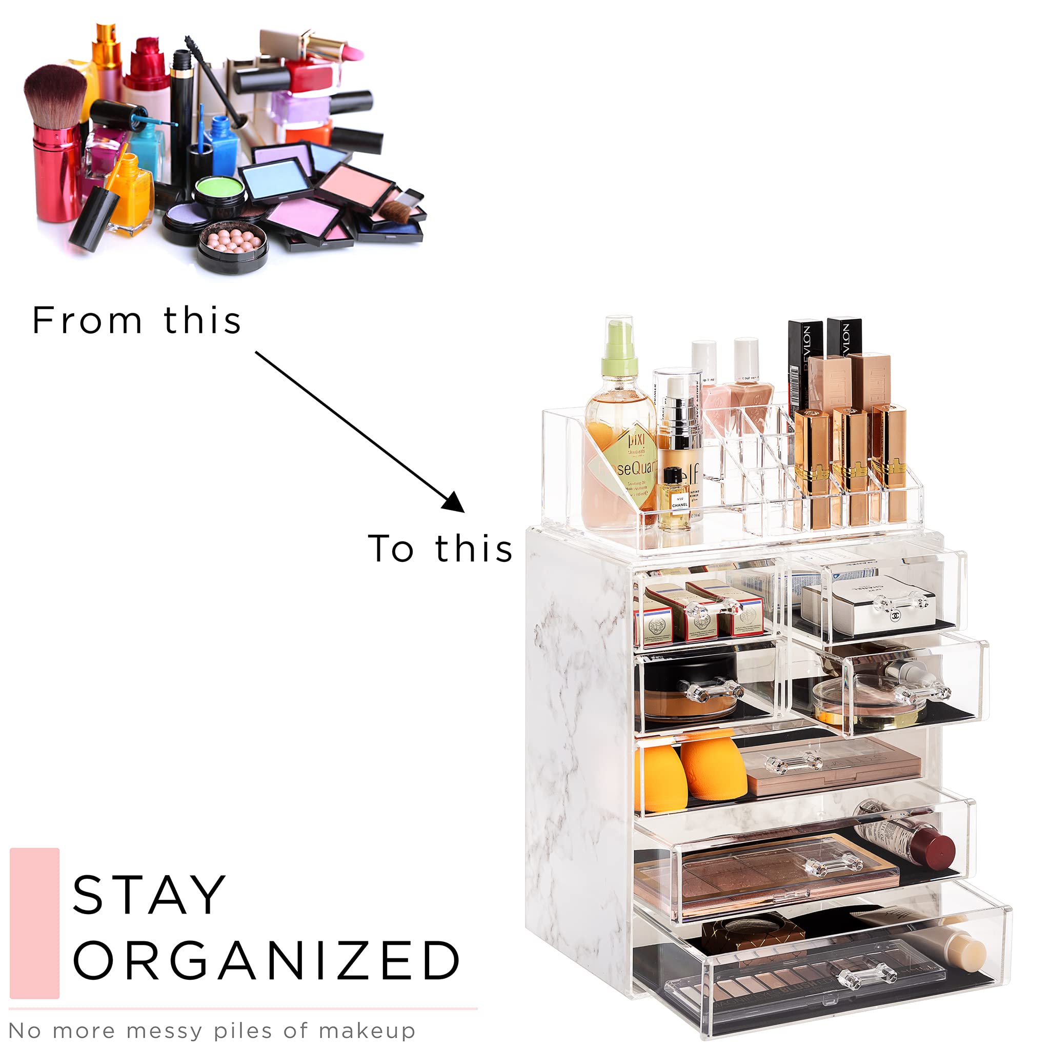 Sorbus Clear Cosmetic Makeup Organizer - Make Up & Jewelry Storage, Case & Display - Spacious Design - Great Holder for Dresser, Bathroom, Vanity & Countertop (3 Large, 4 Small Drawers) [Marble Print]