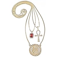 Pharaoh Ankh Red Stone Three Pendant Necklace Set Gold Color