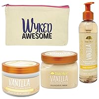 Vanilla Body Butter Scrub Shave Oil Bundle - With (1) 8.4oz Vanilla Body Butter, (1) 18oz Sugar Scrub, (1) 7.7fl oz Shave Oil and (1) Canvas Cosmetic Bag zipper color varies