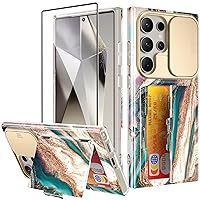 GVIEWIN Designed for Samsung Galaxy S24 Ultra Case with Slide Camera Cover, [Card Holder(3 Cards)] [Screen Protector] Marble Shockproof Protective Kickstand Phone Case 5G 6.8