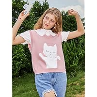 Women's Sweater Undershirt Cartoon Pattern Sweater Vest Without Blouse Undershirt Sweater (Color : Baby Pink, Size : Small)