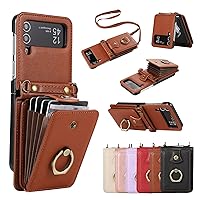 Cell Phone Flip Case Cover Premium Leather 2 in 1 Wallet Case Compatible with Samsung Galaxy Z Flip 3 5G,Magnetic Closure Purse W Rotation Ring Stand/Card Slots Holde/Lanyard Crossbody ShocOproof Prot