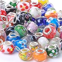Murano Glass Beads Large Hole Glass Beads European Lampwork Spacer Charms Beads Silver Plated Cores Bracelet Charms for DIY Crafts Jewelry Making 50 Pcs Mixed