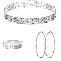 Kakonia Rhinestone Choker Necklace Bracelet Hoop Earrings for Women Bling Rhinestone Jewelry Set for Wedding Bridal Party