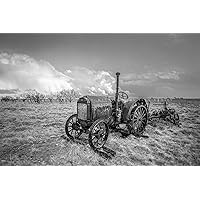 Country Photography Print (Not Framed) Black and White Picture of Classic McCormick-Deering Tractor on Stormy Day in Texas Farm Wall Art Rustic Farmhouse Decor (8