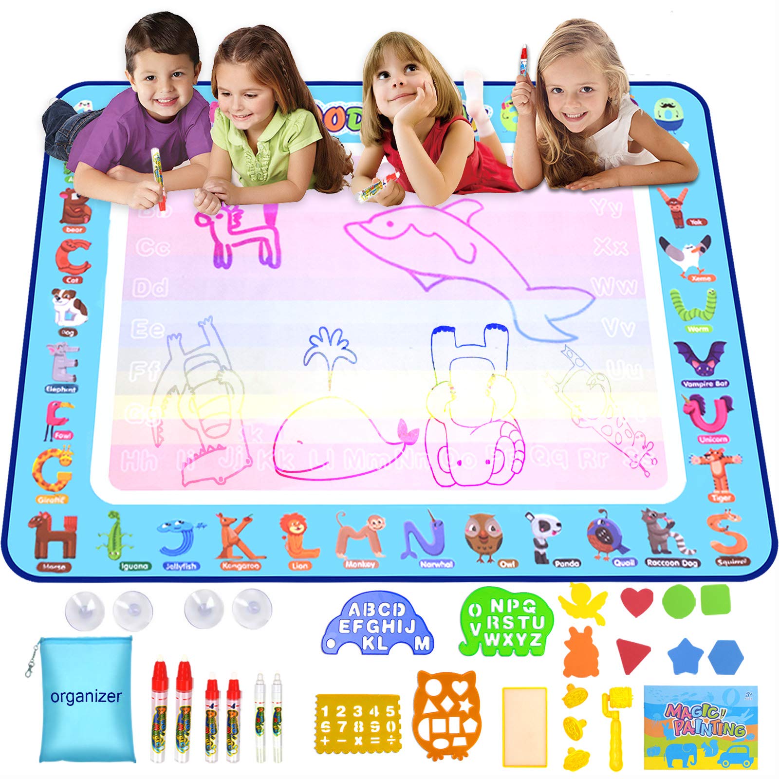 Doodle Mat Large Water Writing Doodle Drawing Mat Neon Colors Board with Drawing Accessories for Kids Toys Toddlers Educational Girls Boys