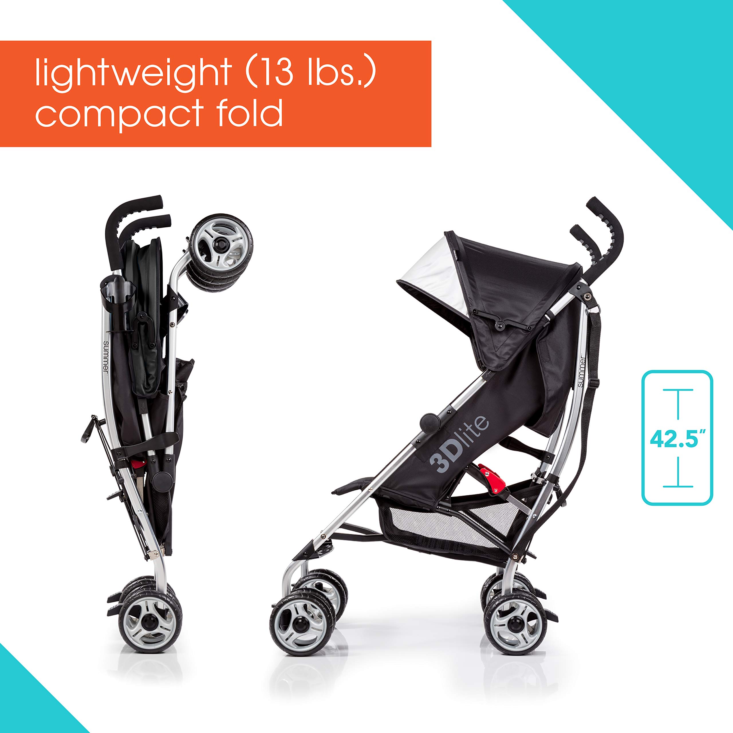 Summer 3Dlite Convenience Stroller, Black – Lightweight Stroller with Aluminum Frame, Large Seat Area, Mesh Siding, 4 Position Recline, Extra Large Storage Basket – Infant Stroller for Travel