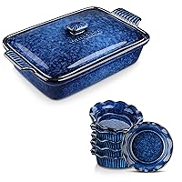 vancasso 3.8 Quart Ceramic Casserole Dish Set with Lid,match with 5.5 in Stern Mini Pie Pans Set for Baking, Versatile Oven-to-Table Stoneware in Blue - Ideal for Baking and Serving