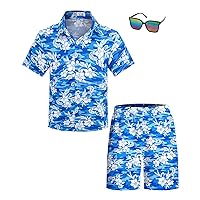 Yoimira Boys Hawaiian Shirt and Short Set Beach Shirts for Kids Printed Casual Outfit 2 Piece with Sunglasses 7-14 Years