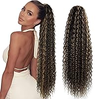 Thick Drawstring Ponytail Extensions highlights Long Curly Hair 30inch Pieces With Comb Clip in Wavy Ponytail Hair Extensions for women (190g, chocolate brown mix honey blonde), P4/27