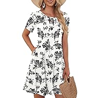 WNEEDU Women's Tshirt Dresses Swing Short Sleeve Summer Fit Sundress Flowy Dress with Pockets Black Rose XL