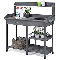 Yaheetech Outdoor Potting Bench Table Potters Benches Garden Workstation for Horticulture with Drawer/Adjustable Shelf Rack/Removable Sink/Hooks/Pads, Gray
