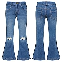 Girls Elastic Waist Ripped Flared Jeans Teens Casual Denim Pants Flare Leggings Trousers Stylish Bell Bottoms