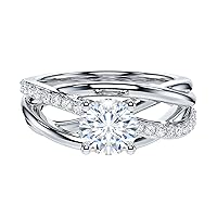 THELANDA Genuine Moissanite or Simulated 1CT Diamond Sterling Silver Crossover Vine Split Intertwine Shank Promise Ring Engagement Ring