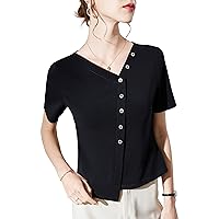 Women's Casual Cotton Tops Fashion Sexy V Neck Short Sleeve Slit Blouses Ladies Daily Elegant Work Shirts