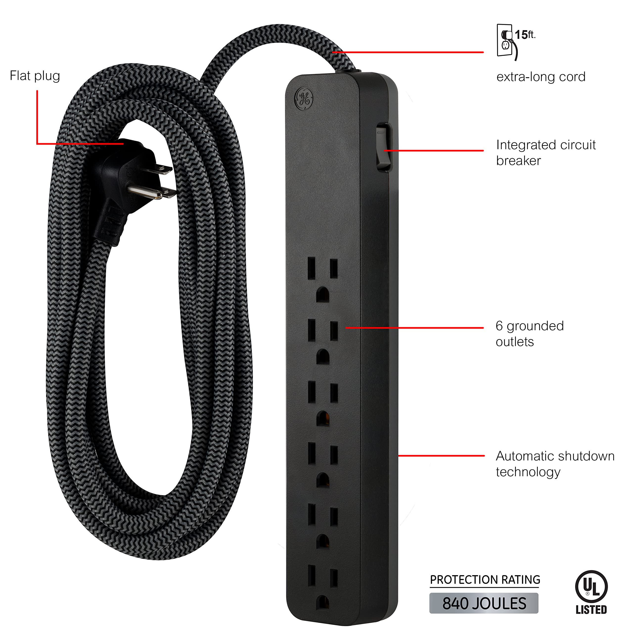 GE 6-Outlet Surge Protector, 15 Ft Braided Extension Cord, Power Strip, 840 Joules, Flat Plug, UL Listed, Black, 62939