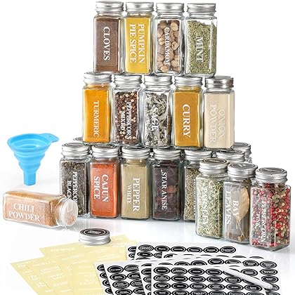 AOZITA 24 Pcs Glass Spice Jars with Labels - 4oz Empty Square Spice Bottles Containers, Condiment Pot - Shaker Lids and Airtight Metal Caps - Silicone Collapsible Funnel Included