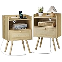 SUPERJARE Nightstands Set of 2, Night stands with Charging Station & PE Rattan Decor Drawer, Bed Side Tables with Solid Wood Feet, End Table, for Bedroom, Living Room - Natural
