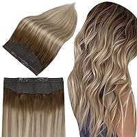 Full Shine Wire Hair Extensions Real Human Hair Balayage Walnut Brown to Light Brown Mix Light Blonde Invisible Wire Hair Extensions Natural Straight Hairpiece Remy Human Hair Extensions 18 Inch 80g