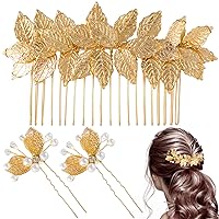 ANCIRS 3 Pack Pearl Bridal Wedding Hair Styling Comb Pins, Shiny Crystal Leaves Style Bride Head Piece, Flower Diamond Hair Accessories for Women & Girls Bridemaids Wedding Hairstyles- Gold