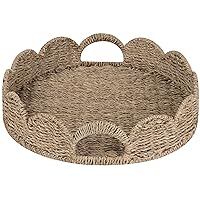 StorageWorks Scalloped Edge Round Tray, Round Serving Tray with Built-in Handles, Decoratve Tray for Coffee Table, Seagrass Rattan Tray