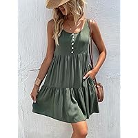 Dresses for Women - Hidden Pocket Ruffle Hem Smock Dress (Color : Army Green, Size : Large)
