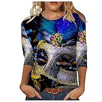 Mardi Gras Shirt Women Carnival Themed Outfit Party Glitter Mask Tee 3/4 Sleeve Crewneck Tunic Tops 2024 Parade Blouse