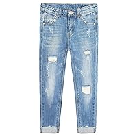 KIDSCOOL SPACE Kids Bird Shaped Ripped Holes Elastic Band Inside Slim Jeans